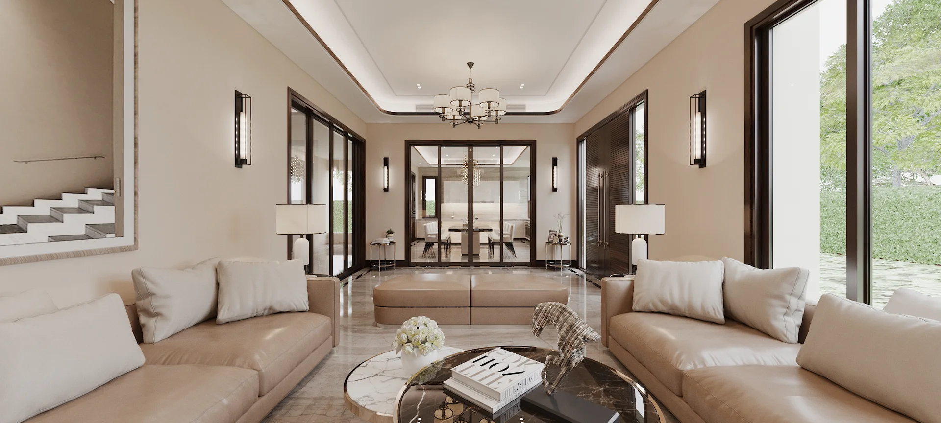 Sofa màu be trong bố cục đối xứng